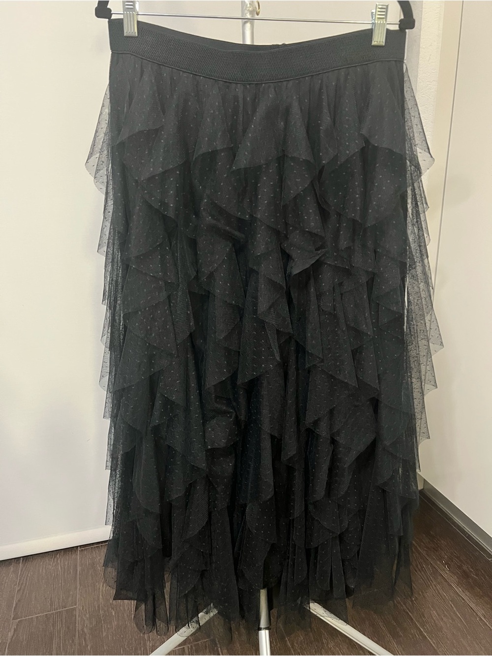 Anthropologie Black Swiss Dot Tiered Tulle Maxi Skirt L NWT-Like